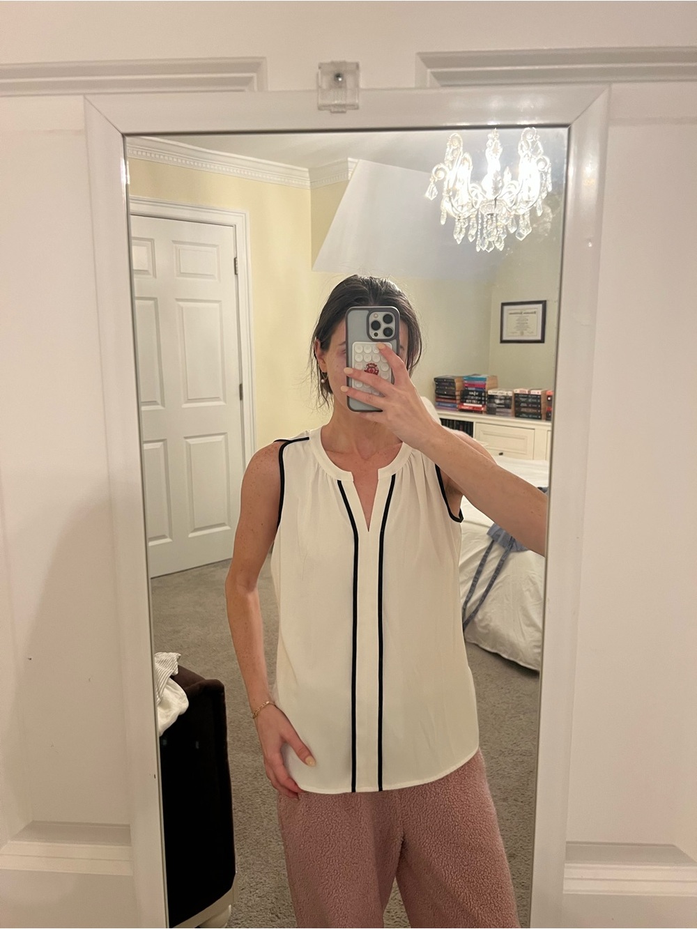 Calvin Klein Sleeveless Cream Blouse with Black Trim - Women's Top